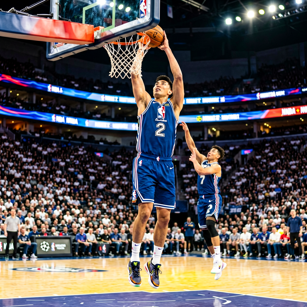 NBA篮球职业联赛比赛现场，球员扣篮精彩瞬间